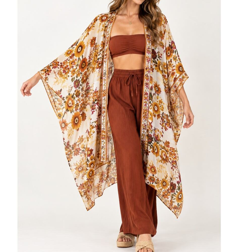 Talisman Floral Kimono Cape Cardigan Boho Beach Cover Up Resort NWT One Size